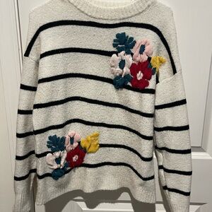 Zara Cream Striped Crewneck Sweater with Floral Appliqués